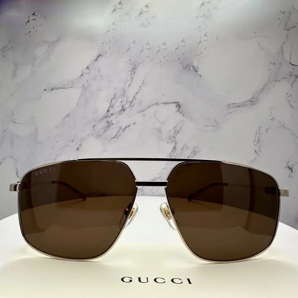 New GUCCI Sunglasses Gold Metal Square Aviator Pilot Red Green Web Logo Mens - Picture 2 of 16